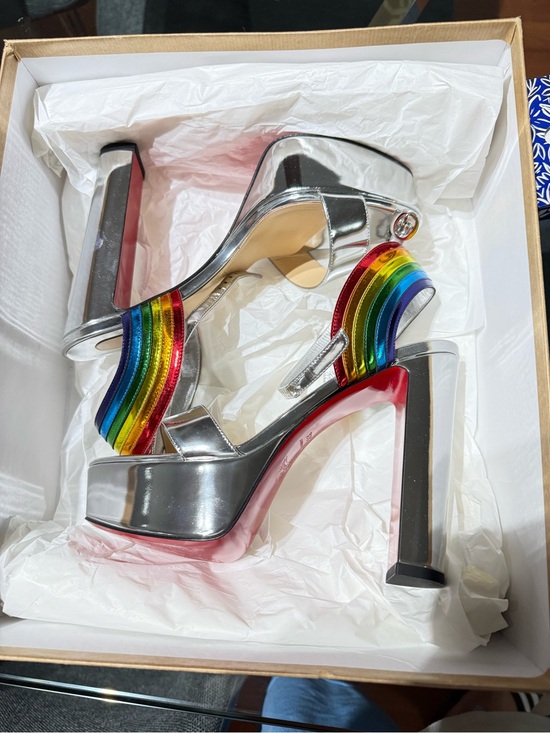 Christian Louboutin Silver Platform Sandals with Rainbow Straps